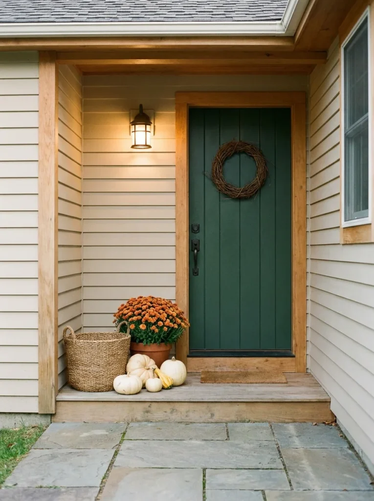 Simple cozy fall porch ideas using pumpkins, mums, baskets, and warm lighting.