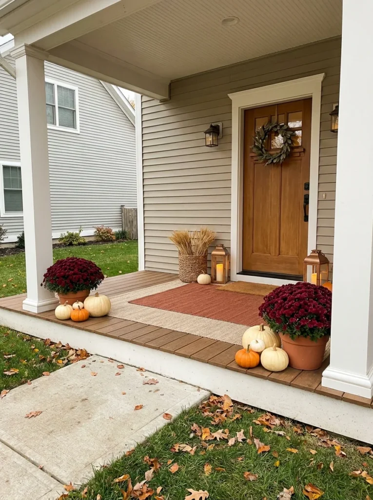 Finished fall porch with pumpkins, mums, layered rugs, basket, wreath, and lanterns.