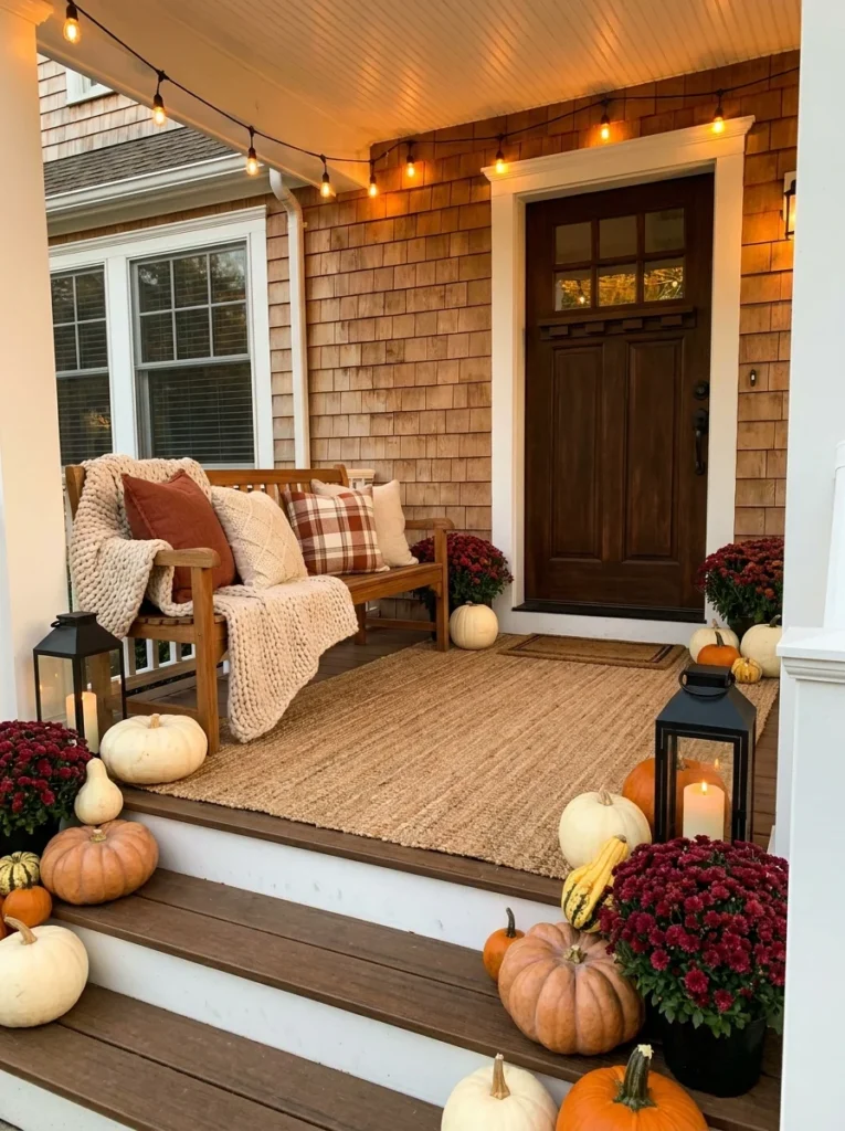 Cozy small porch decorated with layered autumn colors and warm lighting