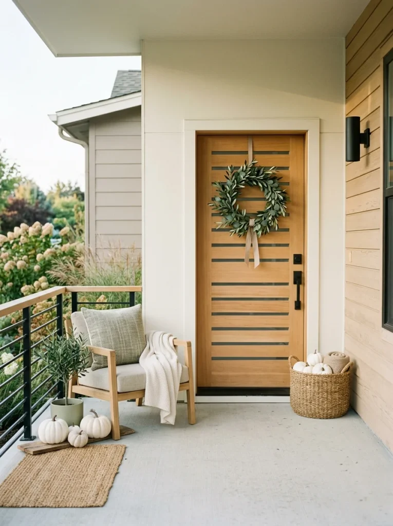 Neutral pumpkins and sage accents create soft budget fall porch decor.