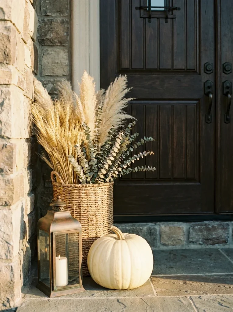 Dried wheat and eucalyptus basket with pumpkin for fall porch decor