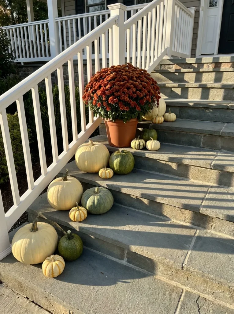 A layered stair landing showcases mums and pumpkins at different heights.
