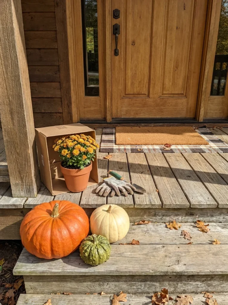 Pumpkins and mums being arranged at different heights on a cozy fall porch.