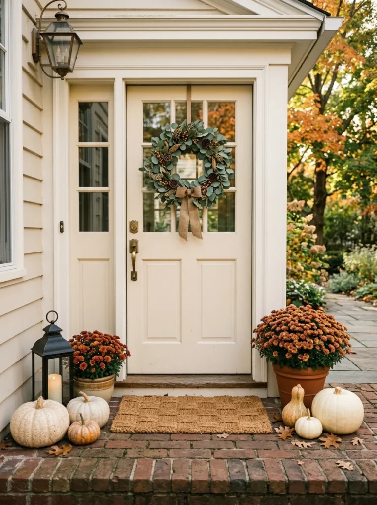 A welcoming autumn entry with simple front porch fall decor ideas