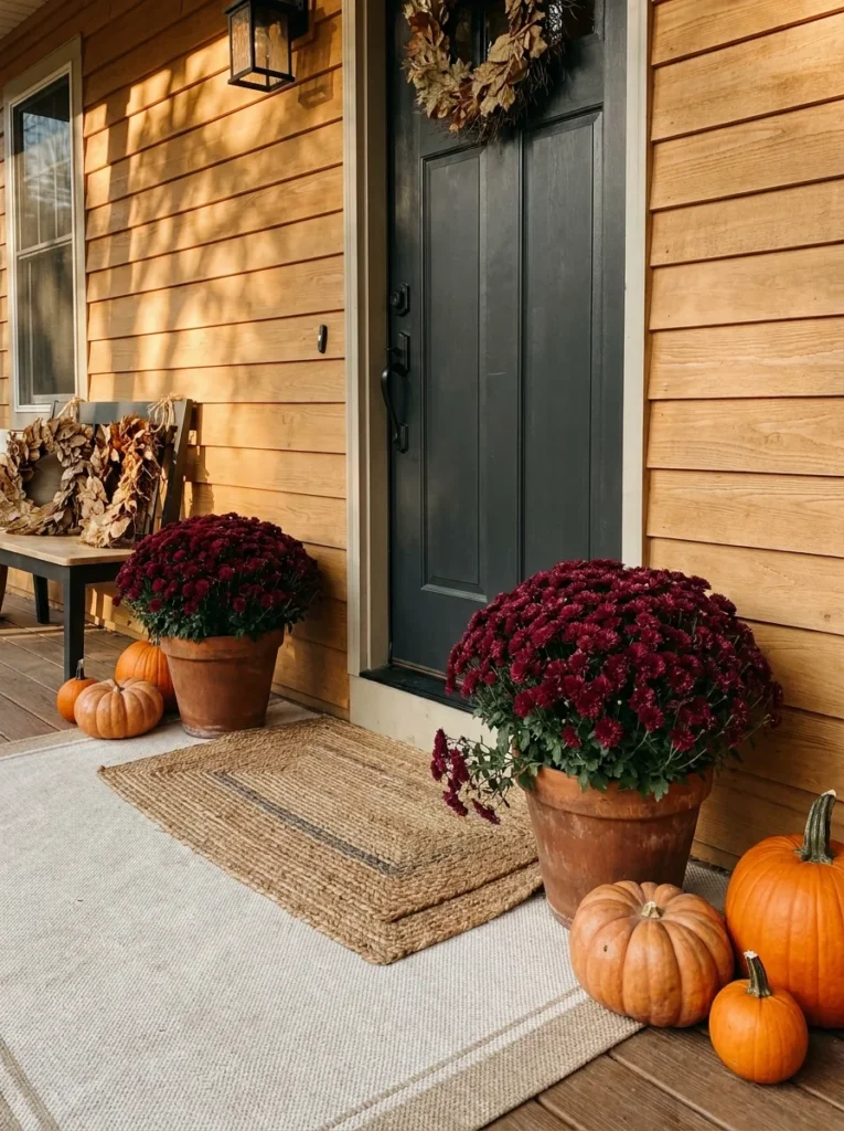 Potted mums being arranged beside a front door for cozy fall porch decor.