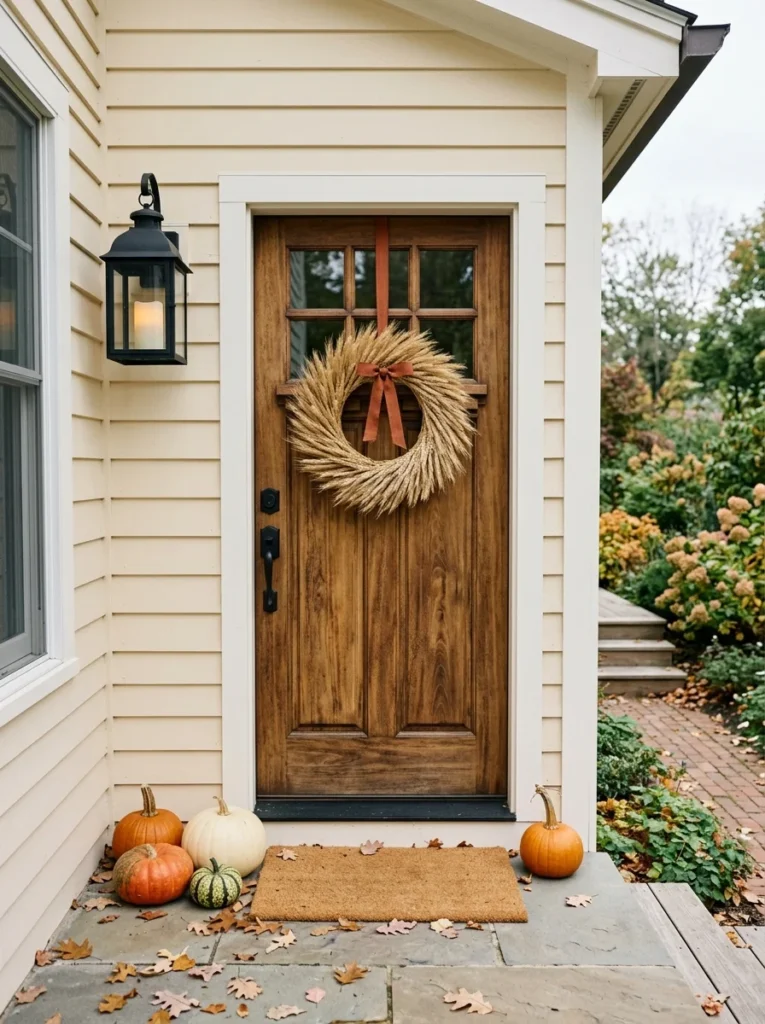  A dried wheat wreath brings natural texture to a simple fall porch