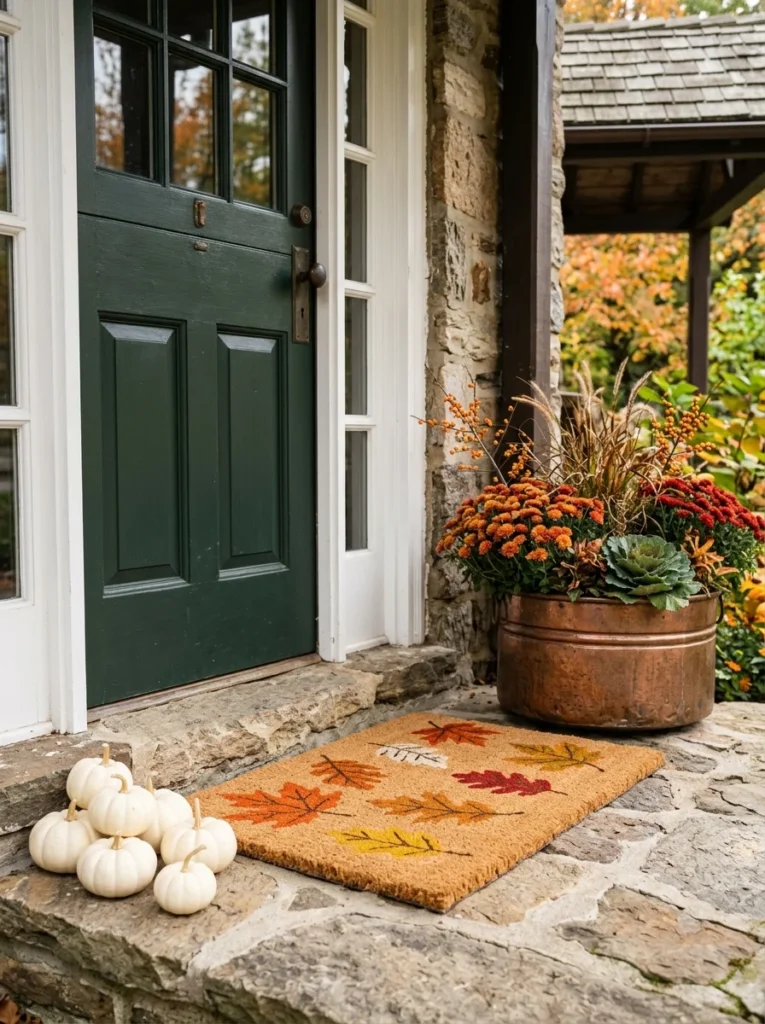 Seasonal coir mat with pumpkins at a fall front entrance