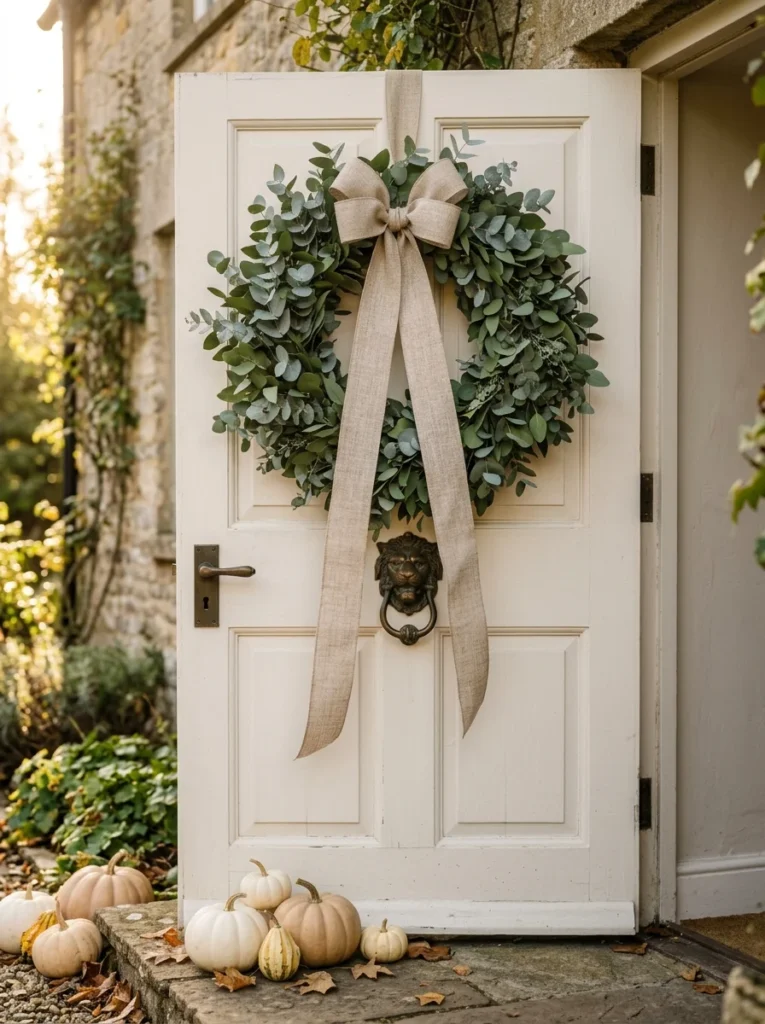 An oatmeal linen ribbon adds a soft finishing detail to neutral fall porch decor.