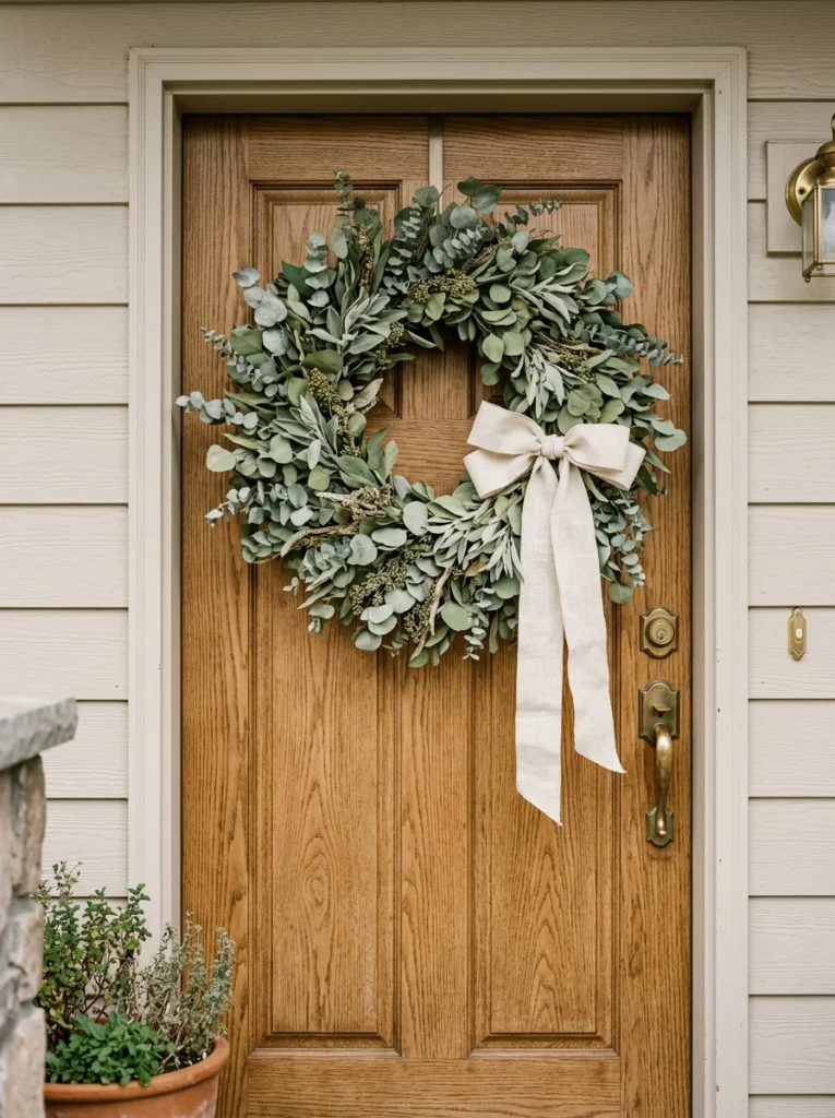 A dried eucalyptus wreath adds muted greenery to neutral fall porch decor.