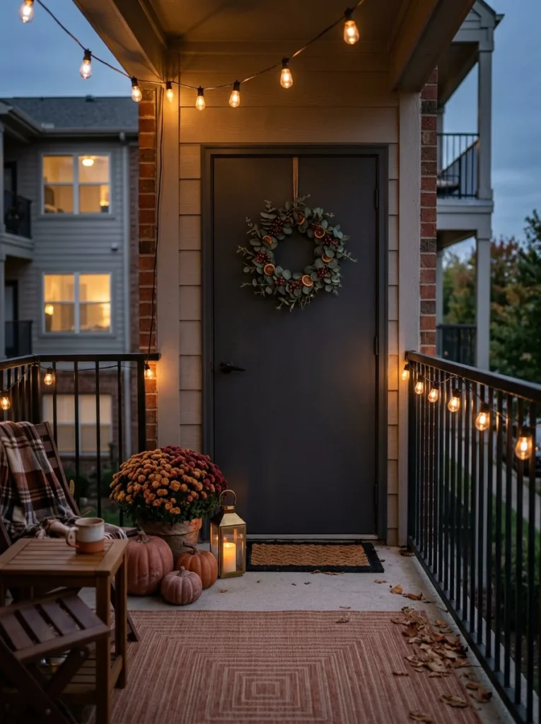 Small apartment porch decorated with pumpkins, mums, a rug, and warm fall lighting.