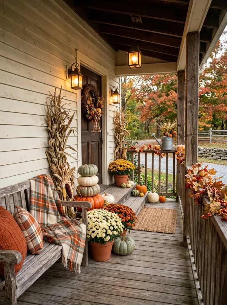Rustic fall porch decor with pumpkins, mums, wood accents, and warm country details.