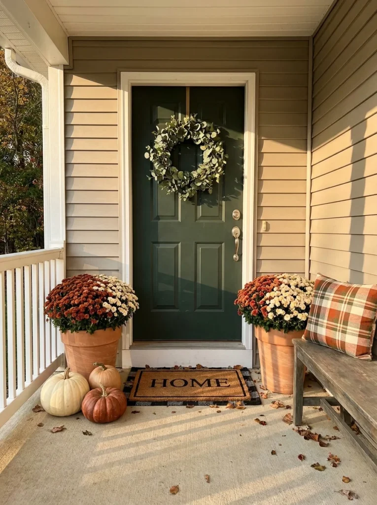  Small fall porch with mums, pumpkins, a wreath, and an open walkway.
