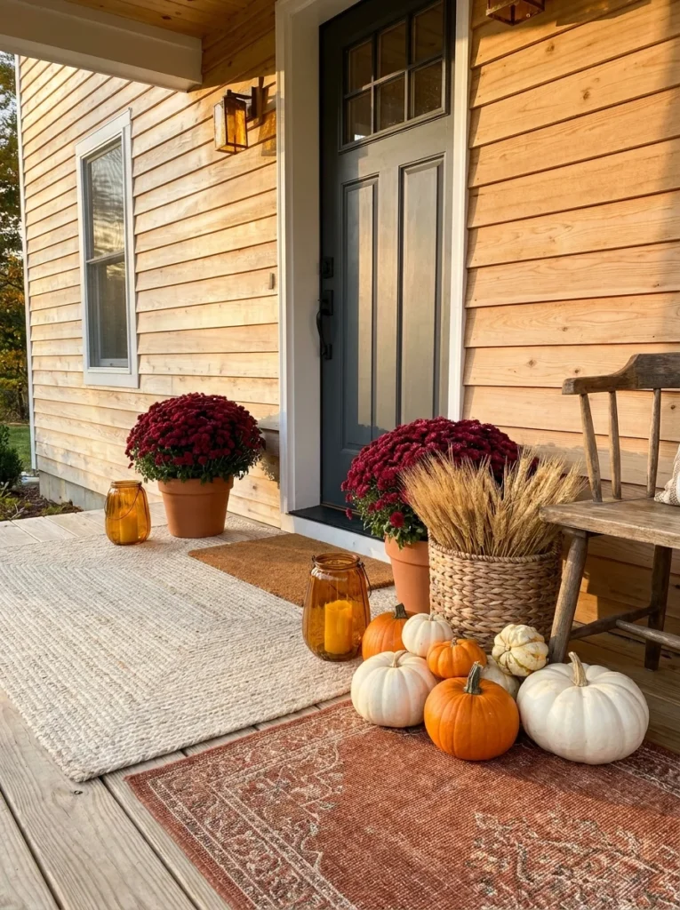 Cozy fall front porch with layered rugs, mums, pumpkins, and lanterns.