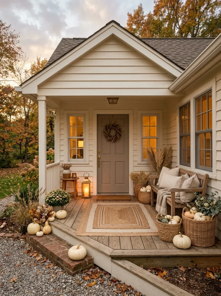 Elegant neutral fall porch decor with cream pumpkins, woven baskets, dried grasses, and warm lantern lighting.