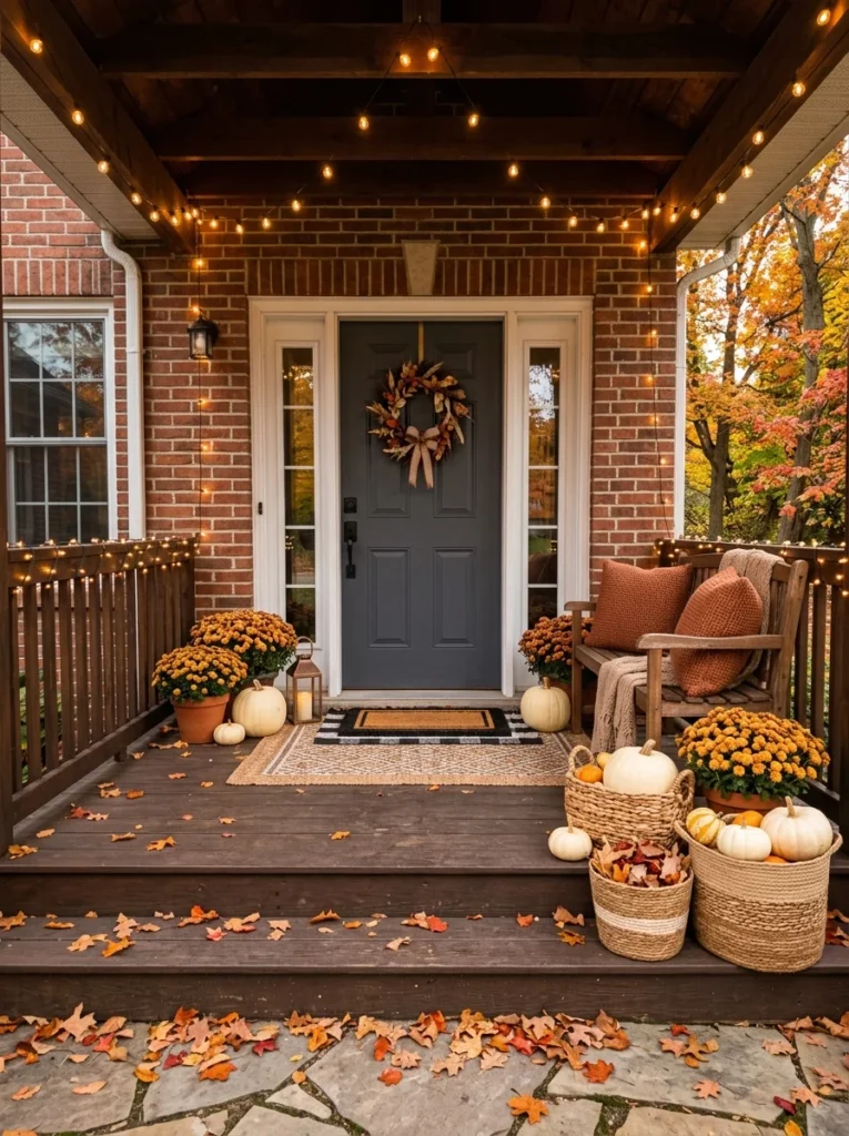 Cozy outdoor fall porch decorating ideas with pumpkins, mums, baskets, and warm string lights