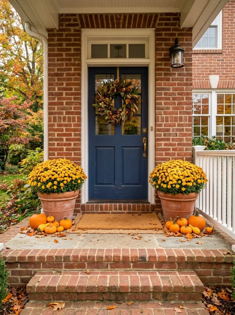 Outdoor fall porch decorating ideas with yellow mums framing a front door