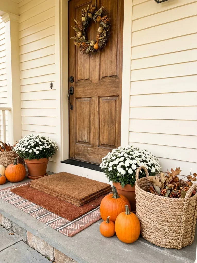 Cozy fall porch with pumpkins, mums, layered doormats, and a simple autumn wreath.