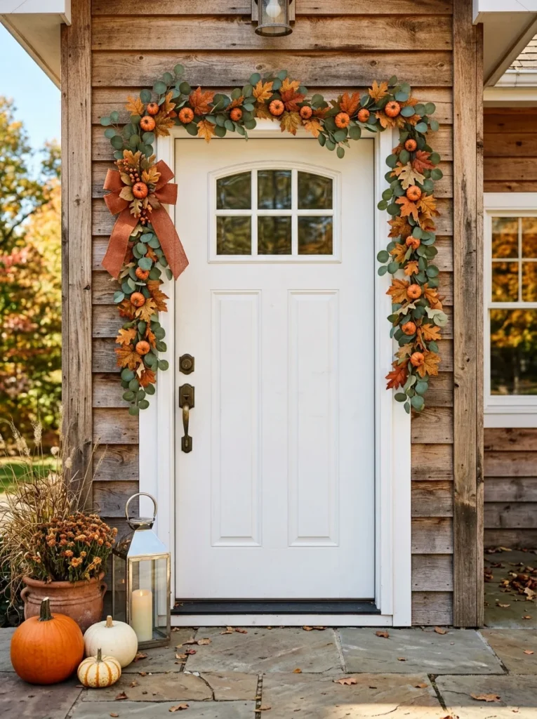 A faux leaf garland frames a front door for simple budget fall porch decor.