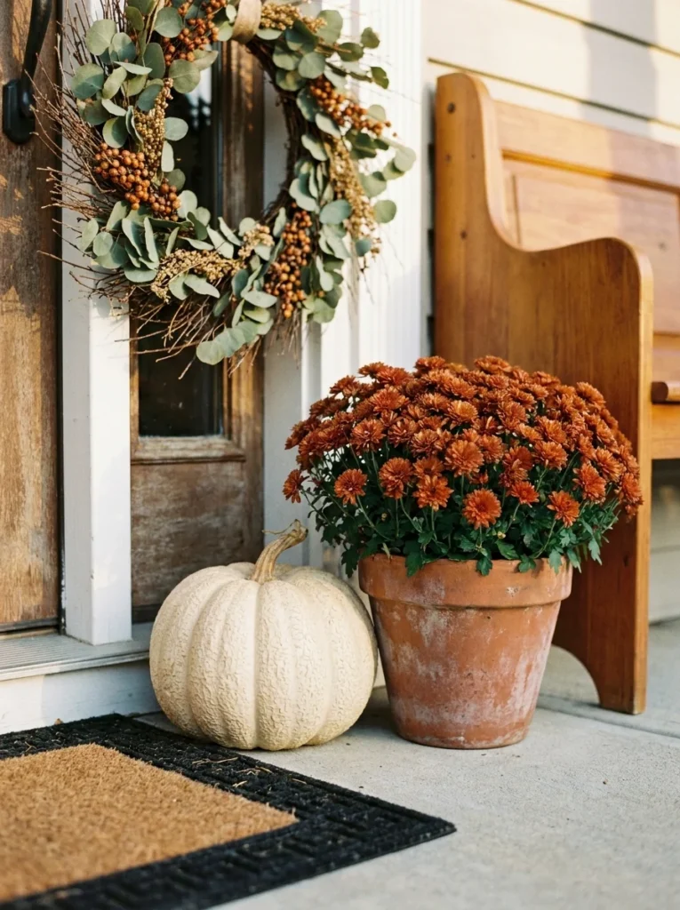 Close-up of pumpkins and mums used in a simple fall porch arrangement.