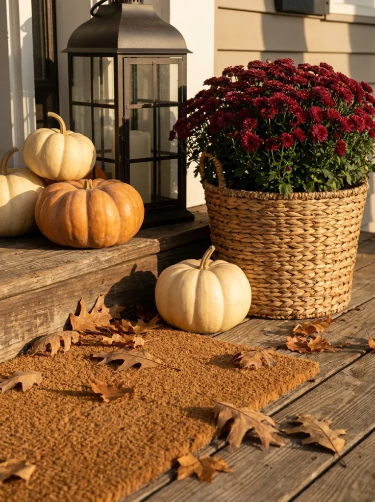 Close-up of lanterns, pumpkins, mums, and natural textures layered on a fall porch.