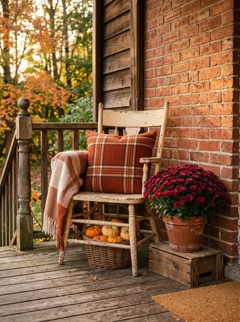 Vintage chair styled with plaid cushion and fall porch accents