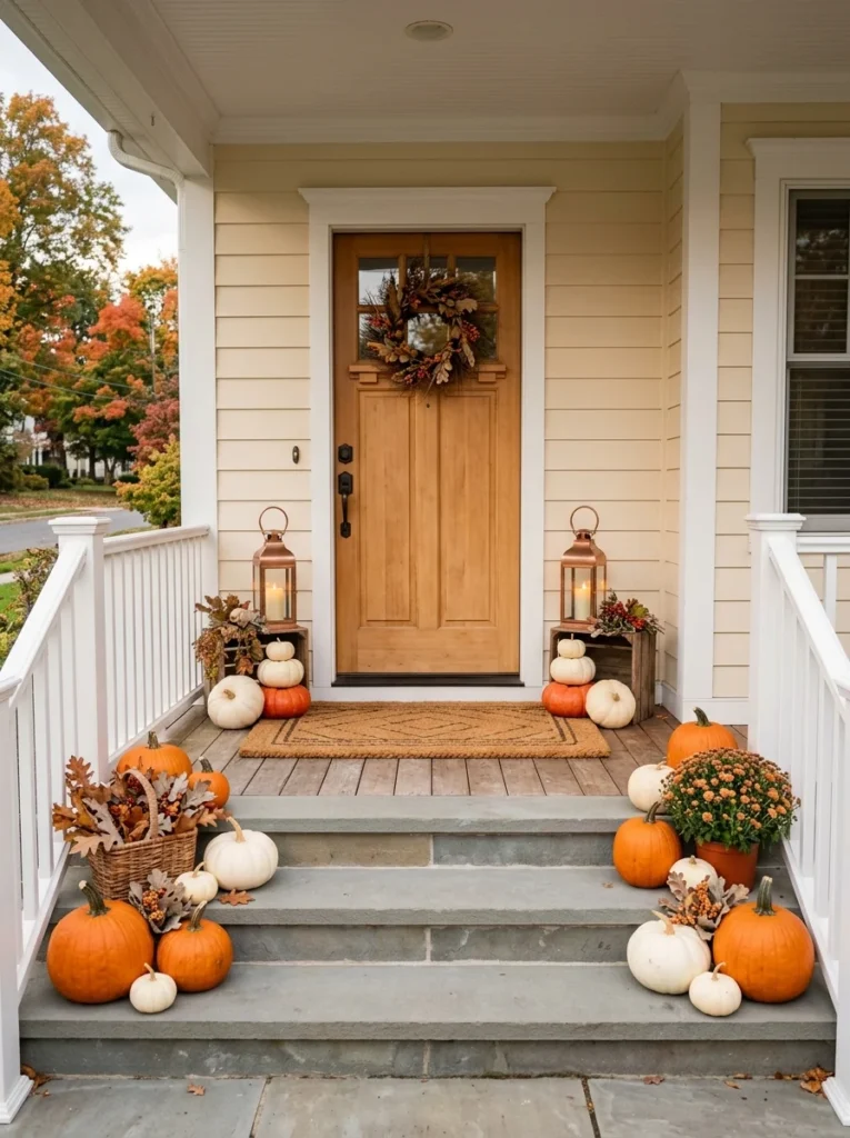 Cozy pumpkin porch decor ideas with layered pumpkins, lanterns, and fall foliage on a welcoming front porch.