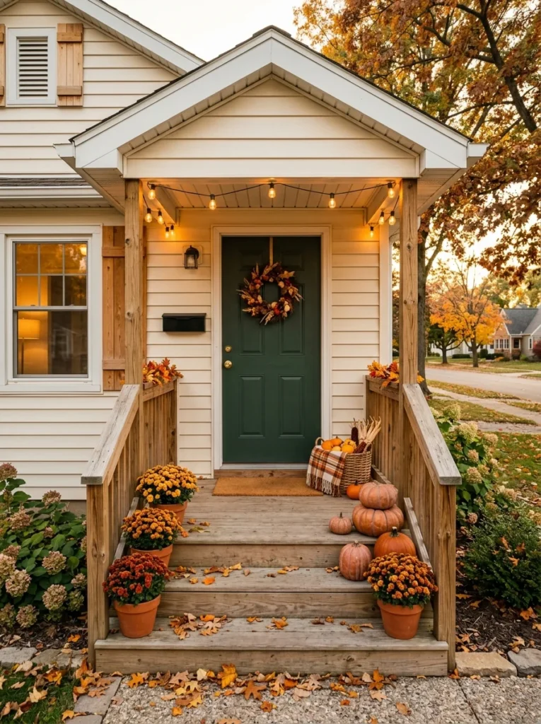 Affordable fall porch with pumpkins, mums, woven textures, and warm lighting.