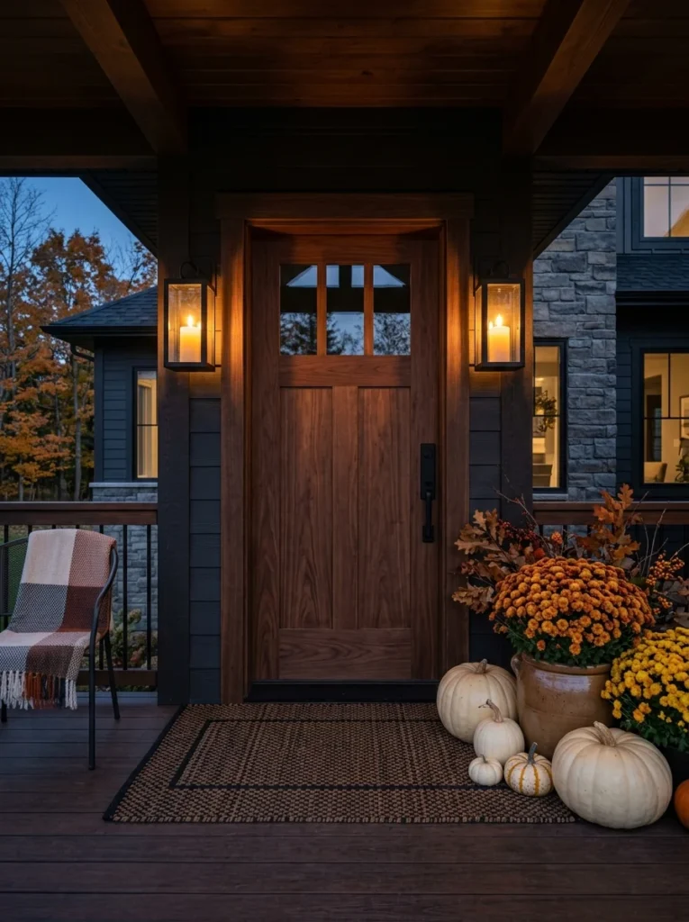 Black lanterns glowing on a modern outdoor fall porch