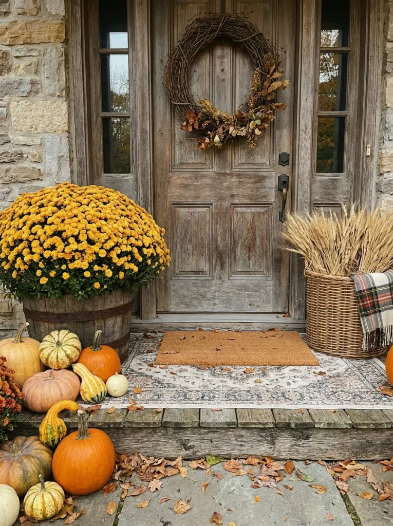Balanced fall porch arrangement with mums, pumpkins, basket, wreath, and layered doormats.