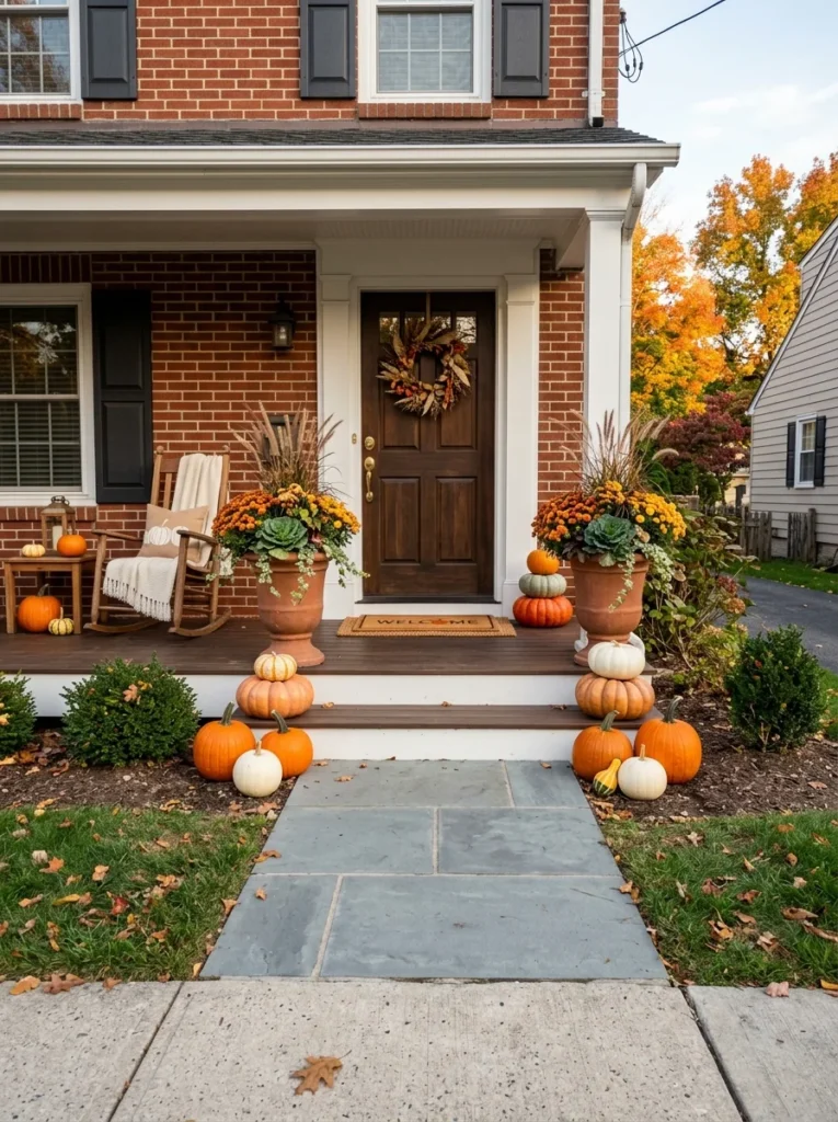 Balanced fall porch styling showing practical pumpkin placement and clear walking space.