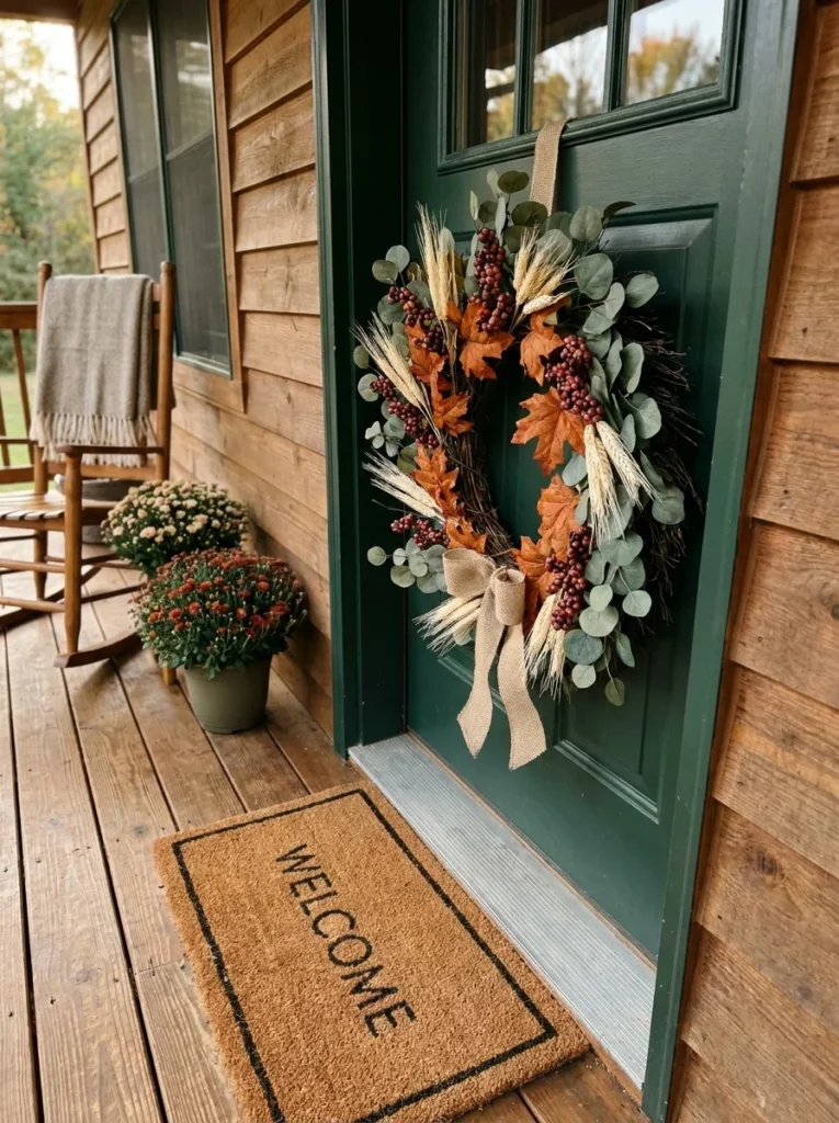  Handmade fall porch wreath with eucalyptus, autumn leaves, wheat stems, and a burlap bow.