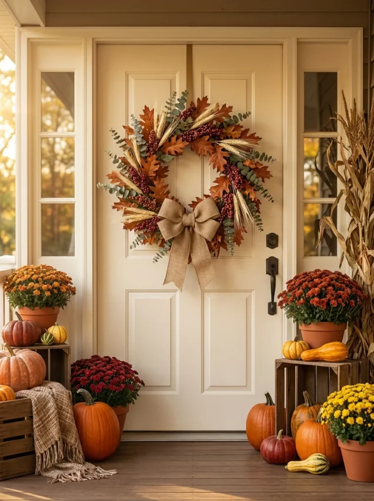Finished handmade fall porch wreath surrounded by pumpkins and potted mums.