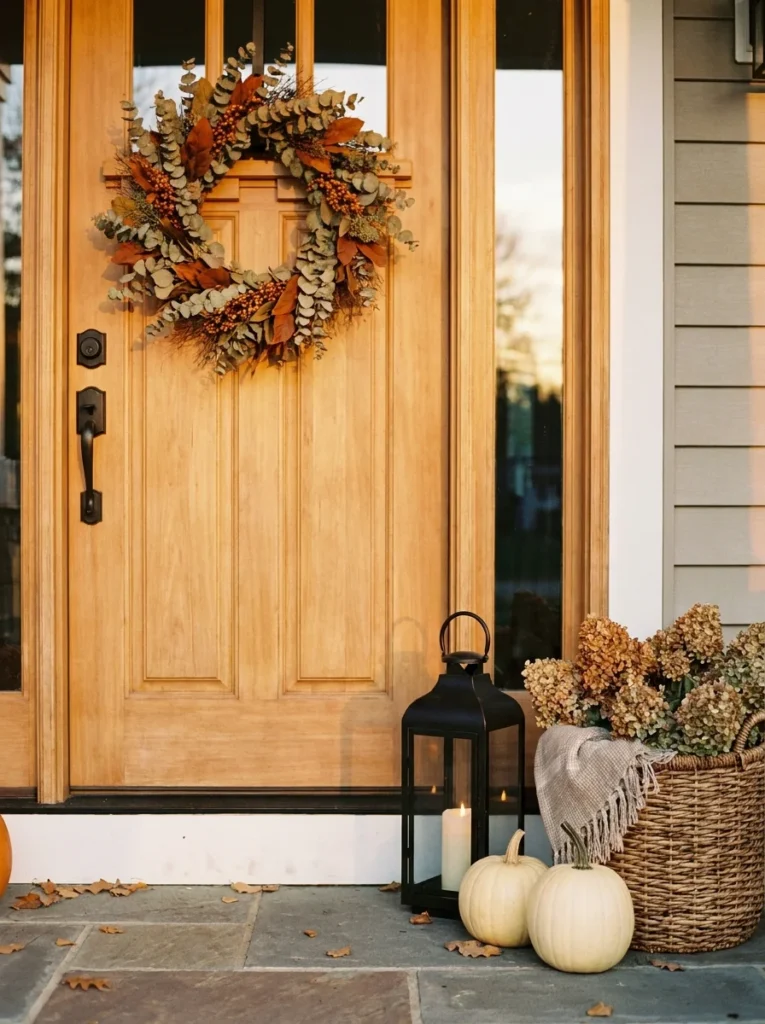 Fall wreath and black lantern decorating a warm wood front door