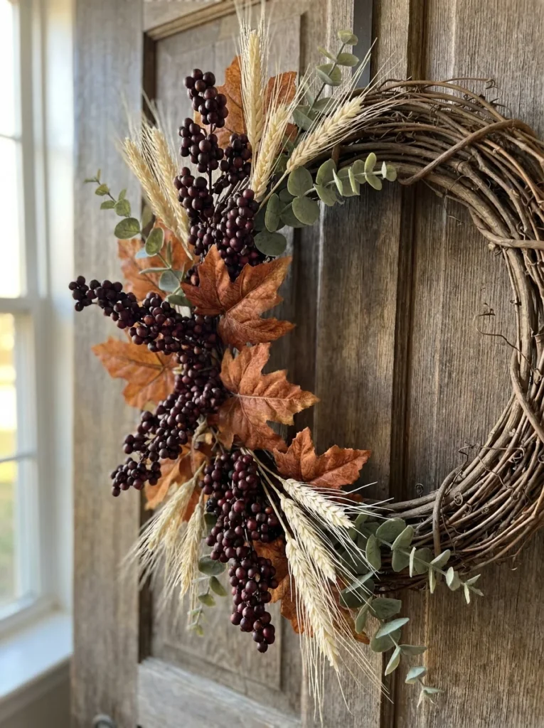 Close-up detail of berries, wheat, leaves, and eucalyptus on a fall wreath.
