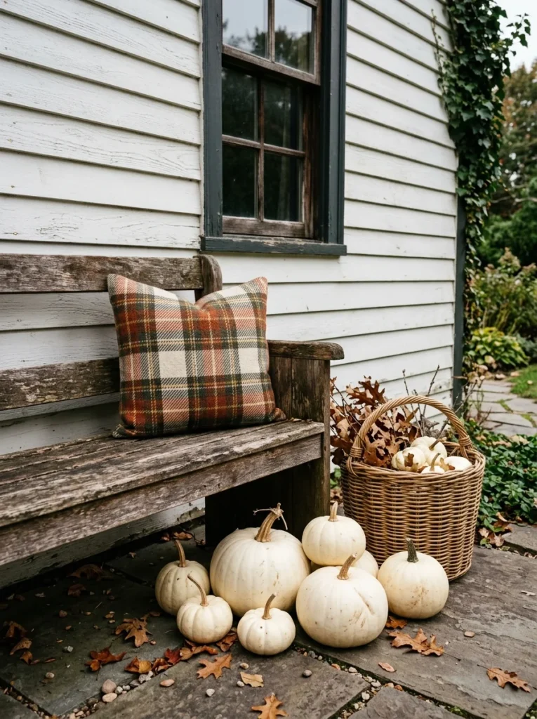 Plaid pillow adding cozy farmhouse texture to an autumn porch.