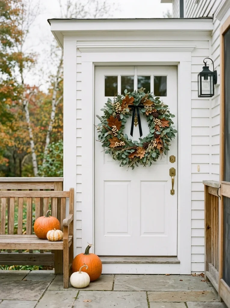 An oversized eucalyptus wreath brings natural color to an autumn front porch