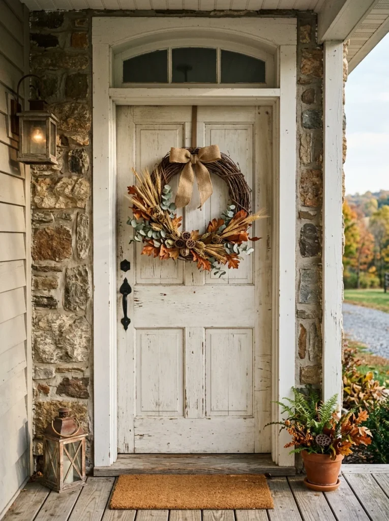 Burlap and grapevine wreath on a rustic farmhouse front door.
