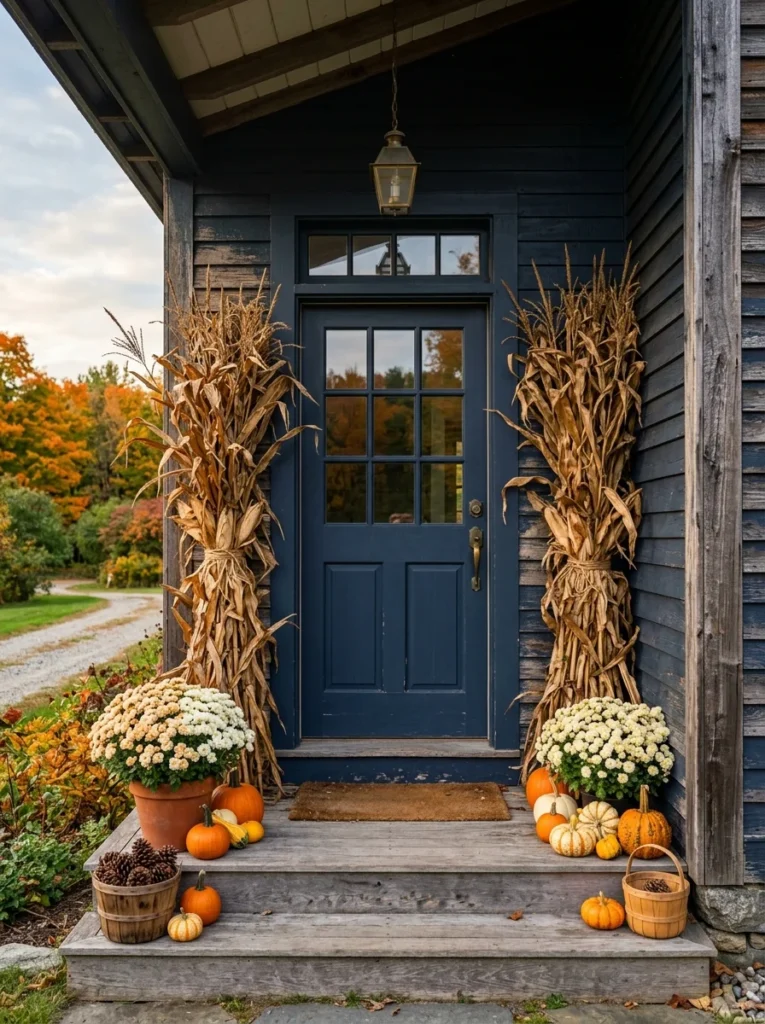Dried corn stalks frame a farmhouse entrance for rustic autumn porch decor.