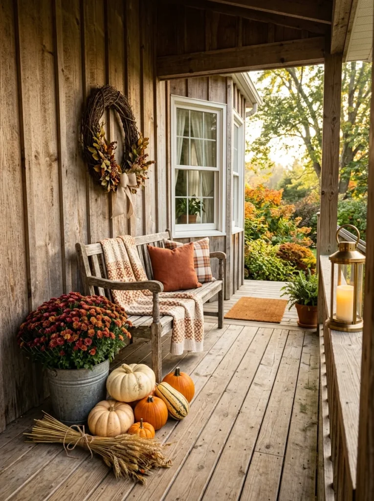 Timeless farmhouse fall porch decor with pumpkins, mums, wheat, and weathered wood.