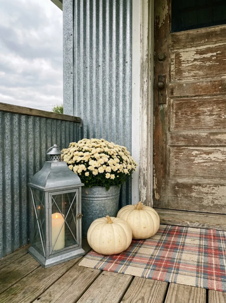 Galvanized metal lantern with cream mums and pumpkins on a farmhouse porch