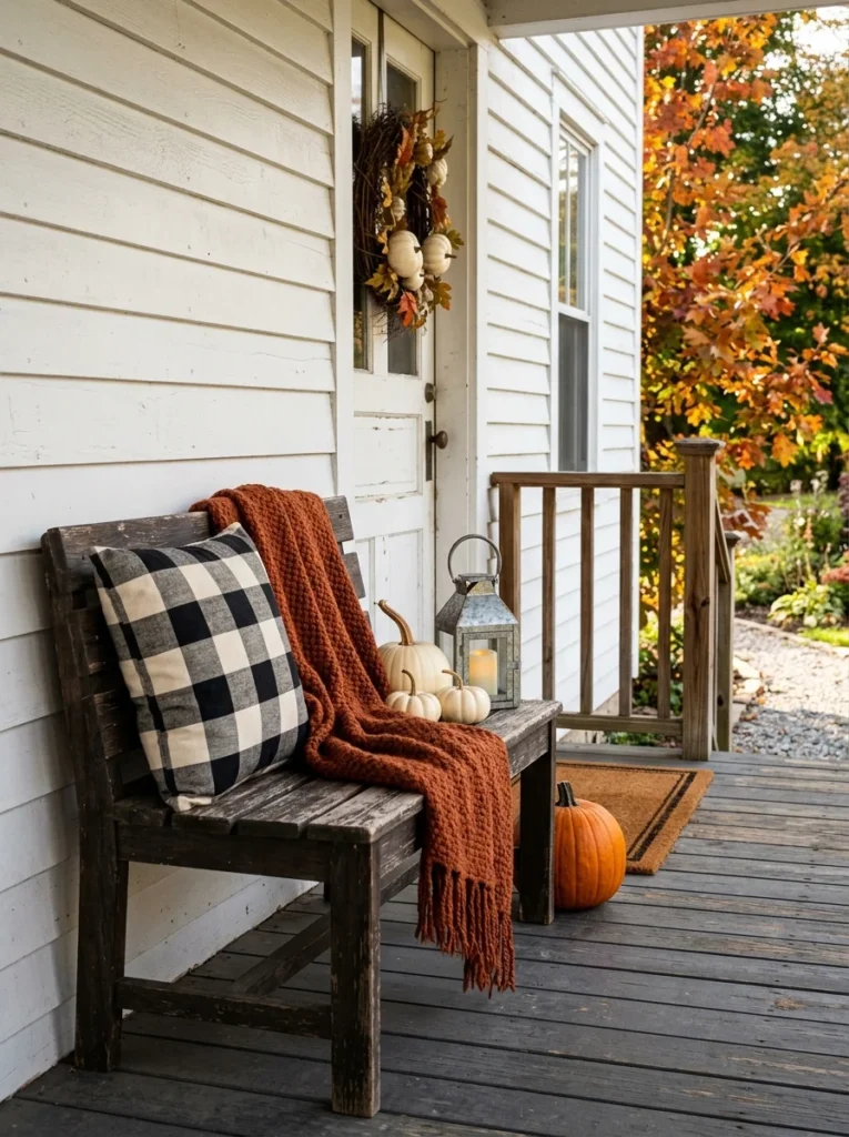 Buffalo check textiles paired with rustic fall accents on a farmhouse porch.