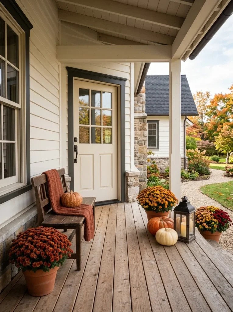 A balanced farmhouse porch shows how to keep rustic fall decorating practical and uncluttered.