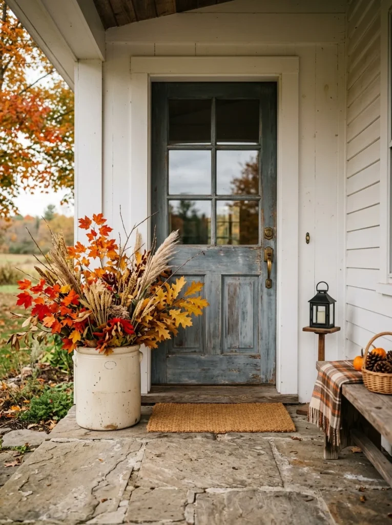 Vintage ceramic crock filled with autumn branches on a porch