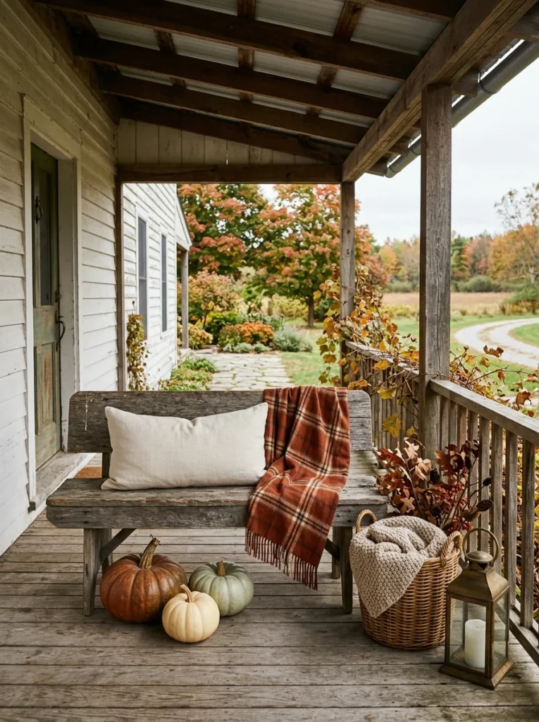 A weathered bench with a plaid throw creates cozy rustic fall porch decor.