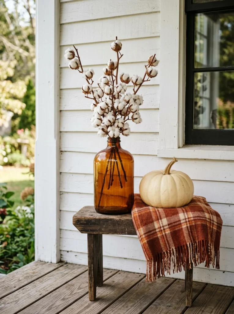 Cotton stems in a glass bottle adding soft farmhouse texture to a fall porch.
