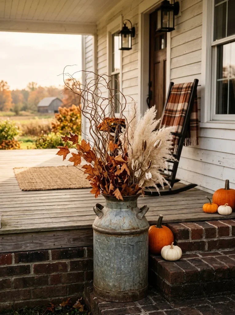 A vintage milk can filled with dried branches adds height to country fall porch decor.