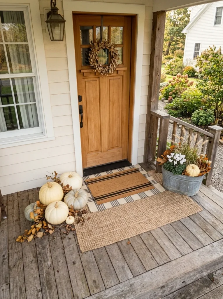 Layered jute and coir rugs creating a rustic farmhouse porch entry.