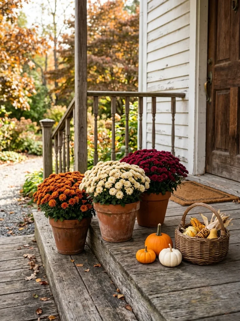 Terracotta pots filled with mums create an earthy rustic fall porch decor display.