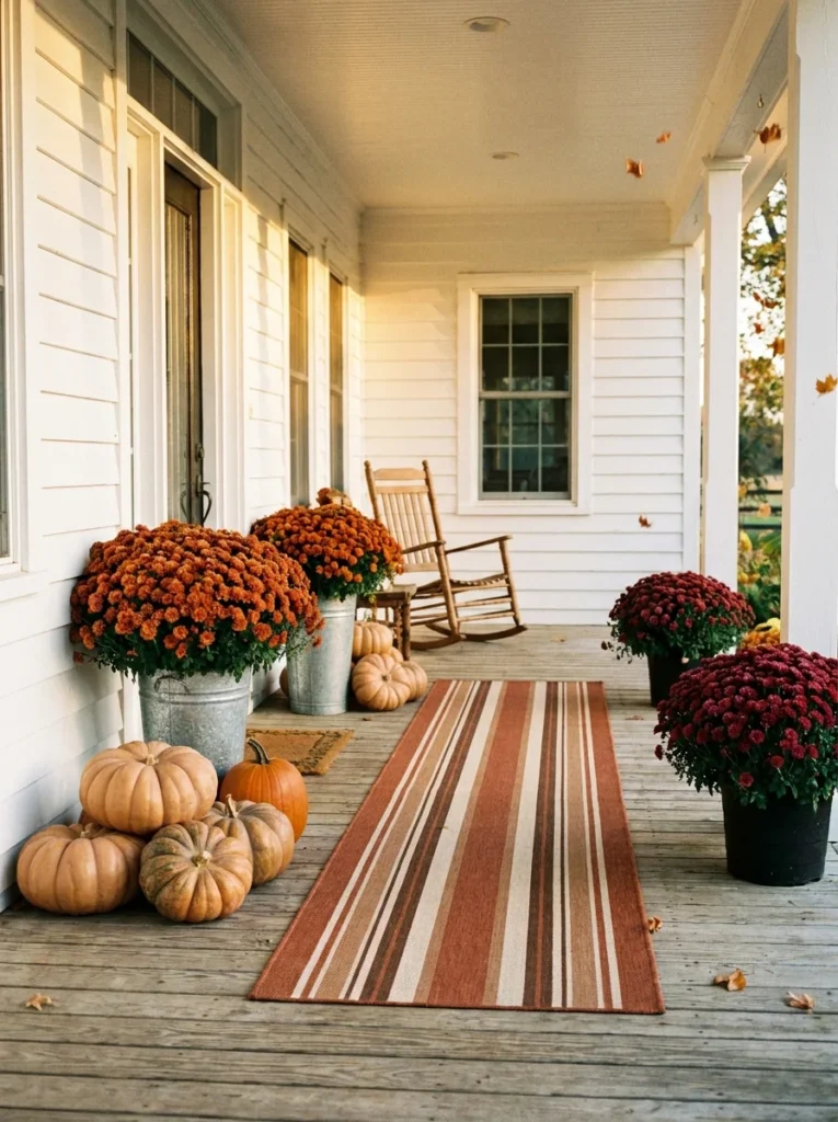 Rust and burgundy mums with neutral pumpkins create a rich farmhouse fall porch