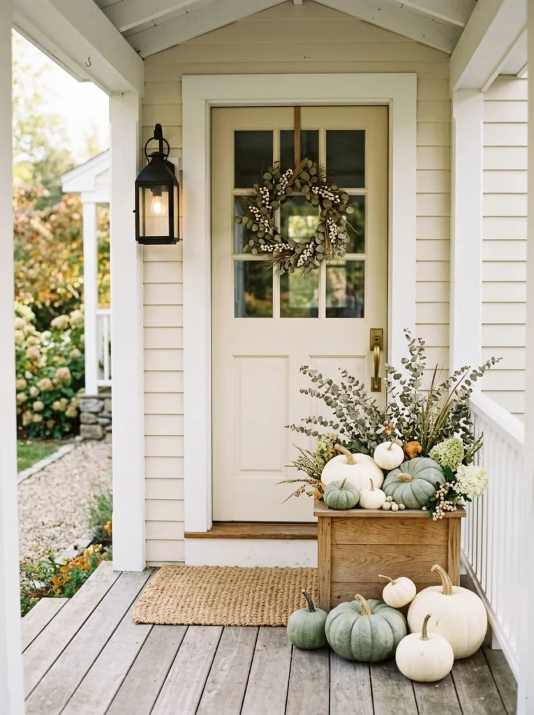 White and sage pumpkins create calm neutral front porch fall decor ideas